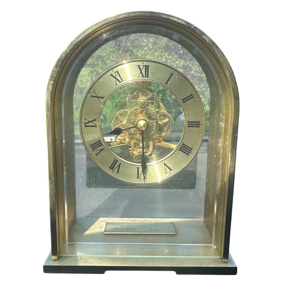 Sunbeam Quartz Skeleton Mantel Clock Arched Brass Tone Visible Gears 882-600